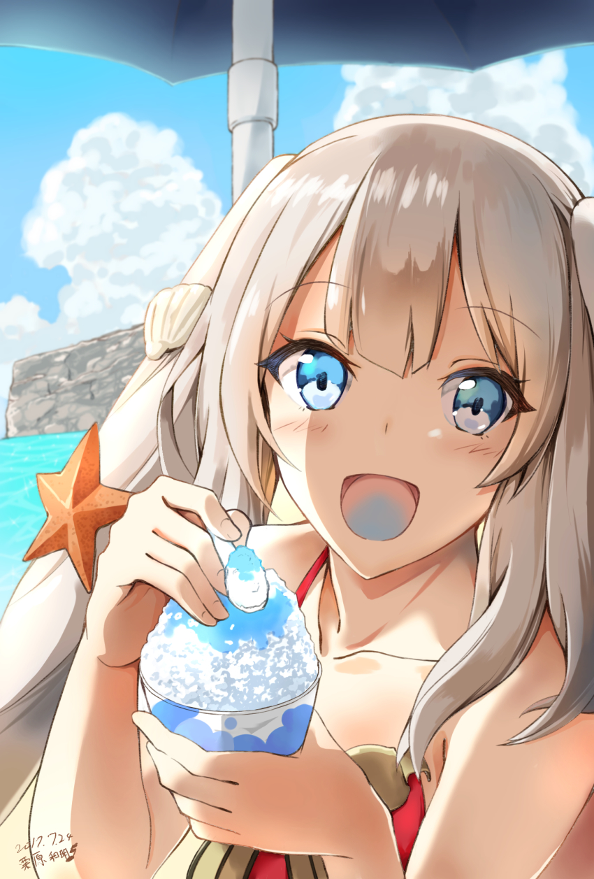1girl 2017 :d beach blue_eyes blue_sky blush cloud collarbone dated day fate/grand_order fate_(series) female_focus food hair_ornament highres holding holding_spoon kurihara_kazuake long_hair marie_antoinette_(fate) marie_antoinette_(swimsuit_caster)_(first_ascension)_(fate) open_mouth outdoors shaved_ice silver_hair sky smile solo spoon twintails upper_body