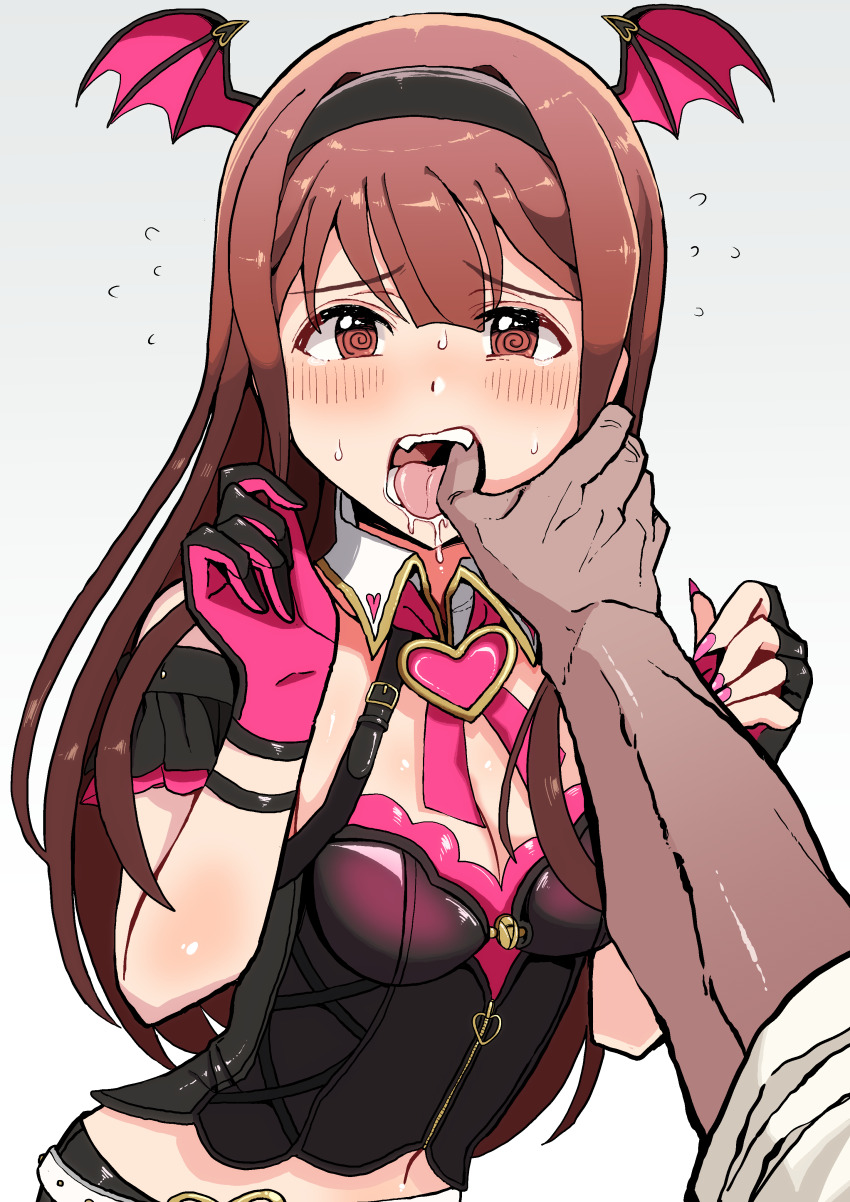1boy 1girl @_@ absurdres asymmetrical_gloves black_gloves black_hairband blush breasts brown_eyes brown_hair butsuzou_(snur2022) cleavage demon_wings detached_collar fangs finger_in_another&#039;s_mouth fingerless_gloves fingernails flying_sweatdrops gloves hairband hands_up head_wings hetero highres idolmaster idolmaster_million_live! idolmaster_million_live!_theater_days long_fingernails long_hair looking_at_viewer midriff_peek mismatched_gloves monster!_devil_(idolmaster) nail_polish open_mouth pink_gloves pink_nails pov pov_hands saliva simple_background single_fingerless_glove tanaka_kotoha teeth tongue two-tone_gloves upper_body white_background wings