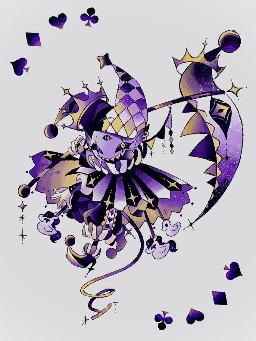 1boy black_boots black_mouth black_pants black_sclera boots clown clown_boy club_(shape) colored_sclera colored_skin commentary crown deltarune diamond_(shape) ear_piercing english_commentary extra_eyes fewer_digits frilled_footwear frilled_pants frills full_body g_c_hori gloves gradient_tail grey_background hat heart heterochromia high_heel_boots high_heels highres holding holding_scythe jaggy_lines jester jester_boy jester_cap jevil long_sleeves looking_at_viewer male_focus neck_ruff open_mouth pants piercing pointy_ears pom_pom_(clothes) puffy_pants purple_eyes purple_skin purple_tail scar_across_eyes scythe sharp_teeth simple_background smile solo spade_(shape) tail teeth tongue tongue_out white_gloves yellow_eyes yellow_tail