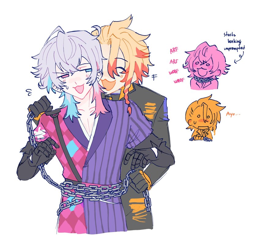 2boys absurdres axel_syrios black_gloves blonde_hair blue_eyes blue_hair blush braid chain chibi closed_eyes coat collar commentary english_commentary english_text gavis_bettel gavis_bettel_(1st_costume) gloves grey_hair hair_between_eyes heterochromia highres holding holostars holostars_english jacket male_focus medium_hair multicolored_coat multicolored_hair multiple_boys open_mouth orange_collar pink_eyes pink_hair red_hair shirt short_hair side_braid sketch smile streaked_hair striped_coat sweatdrop two-tone_hair upper_body vertical-striped_coat virtual_youtuber white_background yaoi