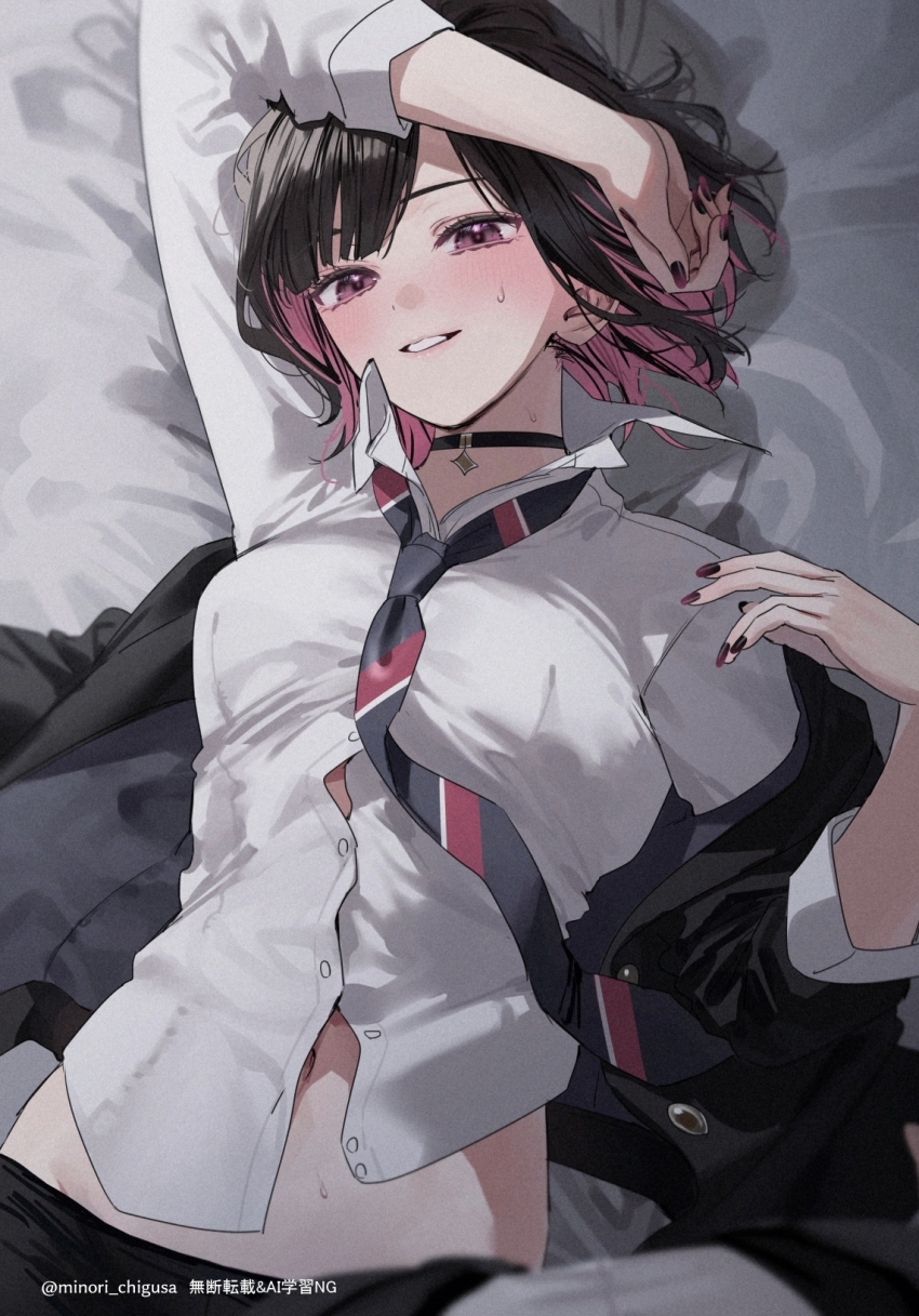 2girls black_choker black_hair black_jacket black_nails blurry blush chigusa_minori choker commentary_request depth_of_field diagonal-striped_clothes diagonal-striped_necktie dress_shirt female_pov highres jacket long_hair looking_at_viewer lying multiple_girls nail_polish necktie on_back open_mouth pink_eyes pov pov_breasts saotome_shino_(shino_to_ren) shino_to_ren shirayuki_ren shirt short_hair striped_clothes white_shirt