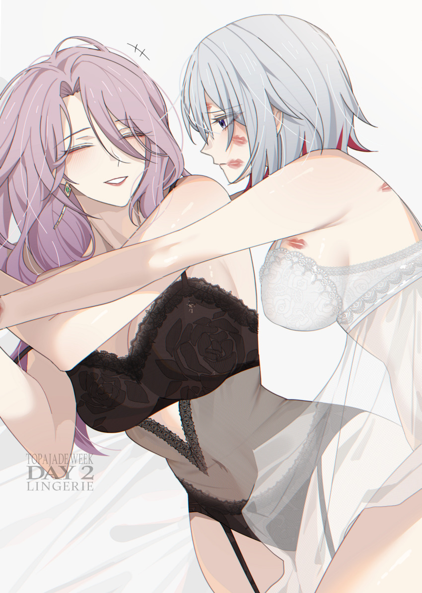 +++ 2girls absurdres armpit_crease babydoll bare_shoulders black_babydoll black_bra black_panties blue_eyes bra breasts closed_eyes closed_mouth colored_inner_hair commentary covered_navel earrings english_text girl_on_top highres honkai:_star_rail honkai_(series) jade_(honkai:_star_rail) jewelry large_breasts lingerie lipstick_mark lipstick_mark_on_breast lipstick_mark_on_face long_hair looking_at_another lying multicolored_hair multiple_girls on_side panties parted_lips pink_hair purple_hair seol_(baconontheclock) short_hair smile topaz_(honkai:_star_rail) underwear underwear_only white_babydoll white_bra white_hair yuri
