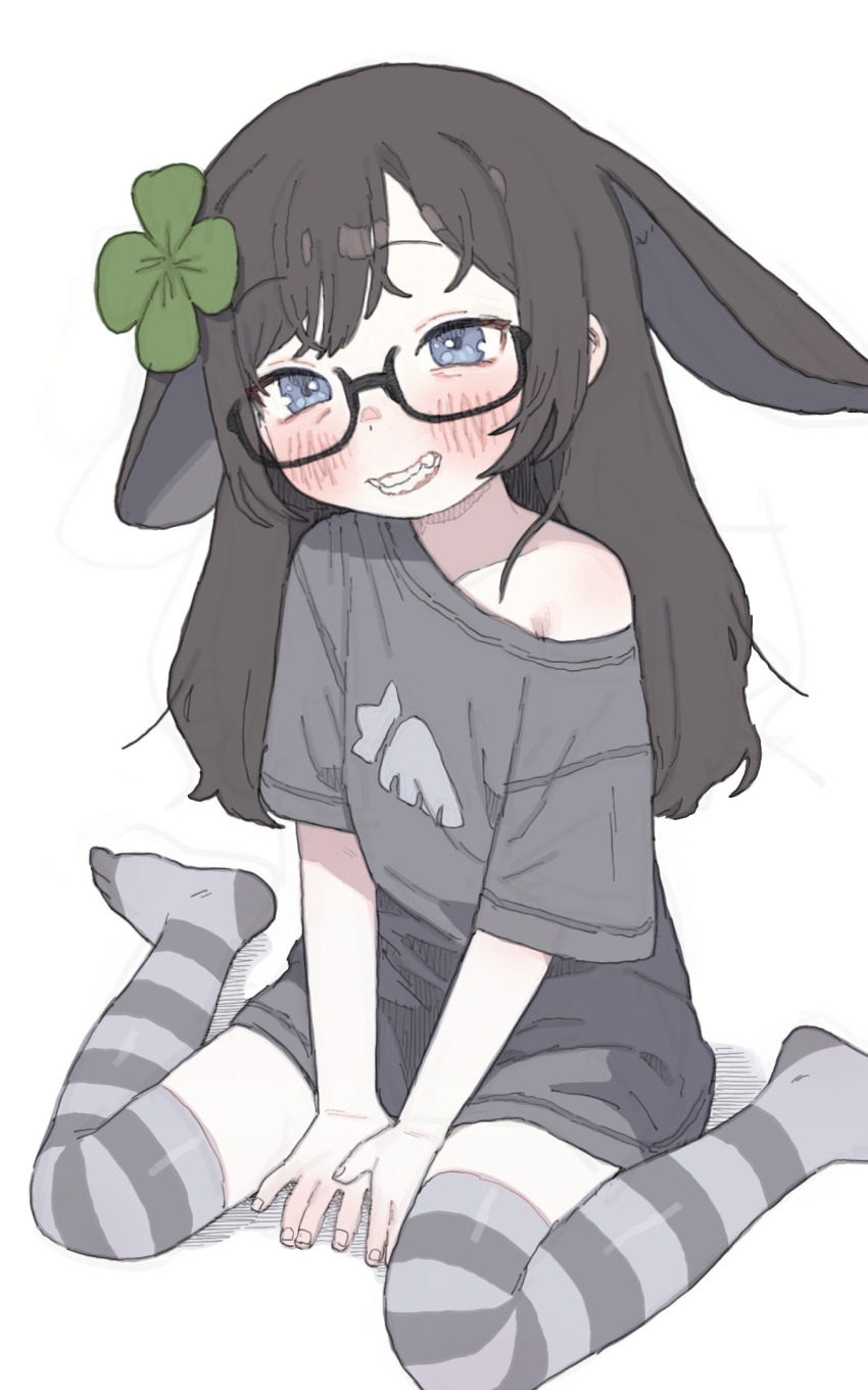 1girl animal_ears blush glasses hair_ornament highres indie_virtual_youtuber kiyomi_pyon-pyon long_hair possummachine rabbit_ears shirt sitting solo striped_clothes striped_thighhighs thighhighs virtual_youtuber