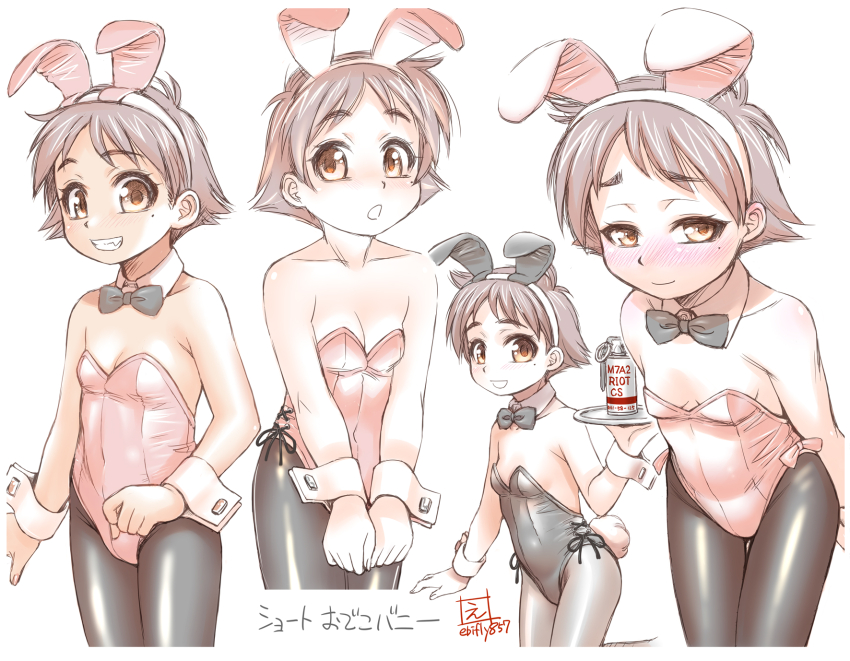 1girl animal_ear_hairband animal_ears artist_logo black_bow black_bowtie black_leotard black_pantyhose bow bowtie breasts brown_eyes brown_hair commentary_request dated detached_collar ebifly fake_animal_ears flipped_hair hairband highres leotard logo multiple_views original pantyhose playboy_bunny rabbit_ears rabbit_tail red_leotard side-tie_leotard small_breasts strapless strapless_leotard tail translation_request wrist_cuffs