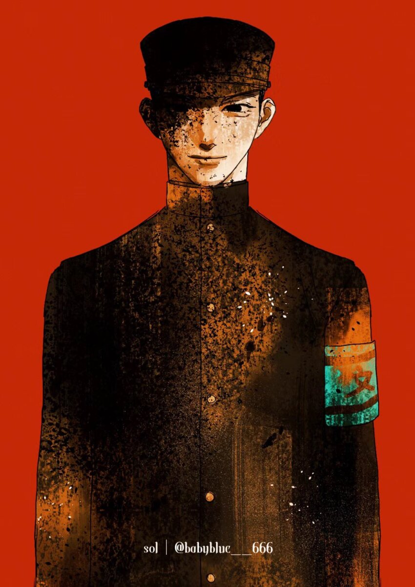 1boy arms_at_sides collared_jacket golden_kamuy hanazawa_yusaku hat highres horror_(theme) imperial_japanese_army jacket kepi light_smile looking_at_viewer male_focus military_hat partially_shaded_face red_background sol_(http_wanning) solo standing straight-on upper_body