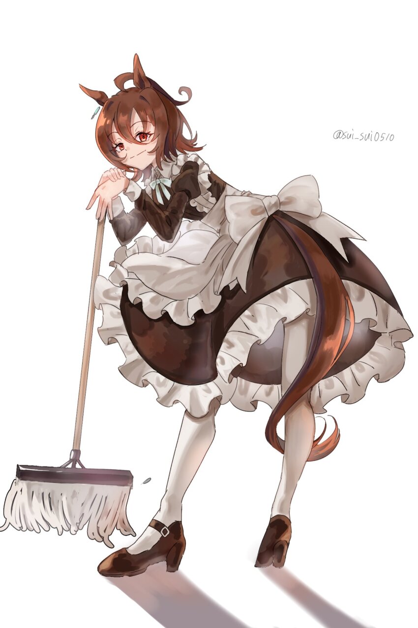 1girl agnes_tachyon_(umamusume) ahoge animal_ears apron black_dress black_shoes bow brown_hair chemical_structure closed_mouth dress earrings frilled_apron frilled_dress frills hair_between_eyes high_heels highres holding holding_mop horse_ears horse_girl horse_tail huge_ahoge jewelry long_sleeves medium_hair mop pantyhose puffy_sleeves red_eyes shoes simple_background single_earring smile solo standing sui_sui0510 tail twitter_username umamusume waist_bow white_apron white_background white_bow white_pantyhose white_trim wolf_cut