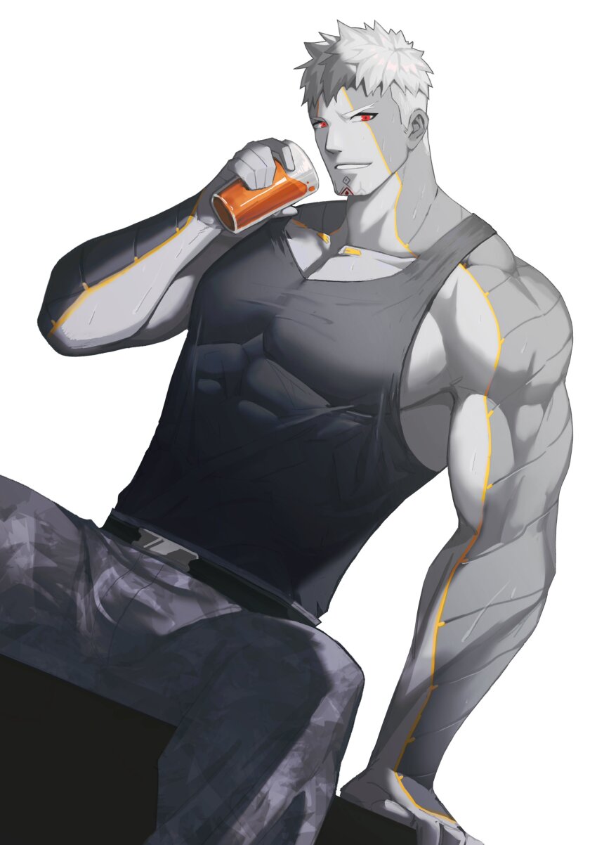 1boy absurdres bara bare_arms belt black_belt black_tank_top camouflage camouflage_pants colored_skin covered_abs cup dutch_angle feet_out_of_frame grey_skin highres holding holding_cup lanz_(xenoblade) large_pectorals looking_at_viewer male_focus multicolored_skin muscular muscular_male pants pectorals red_eyes shirt short_hair sidepec simple_background solo tank_top tight_clothes tight_shirt white_background white_hair xenoblade_chronicles_(series) xenoblade_chronicles_3 zhuganchangjiadan