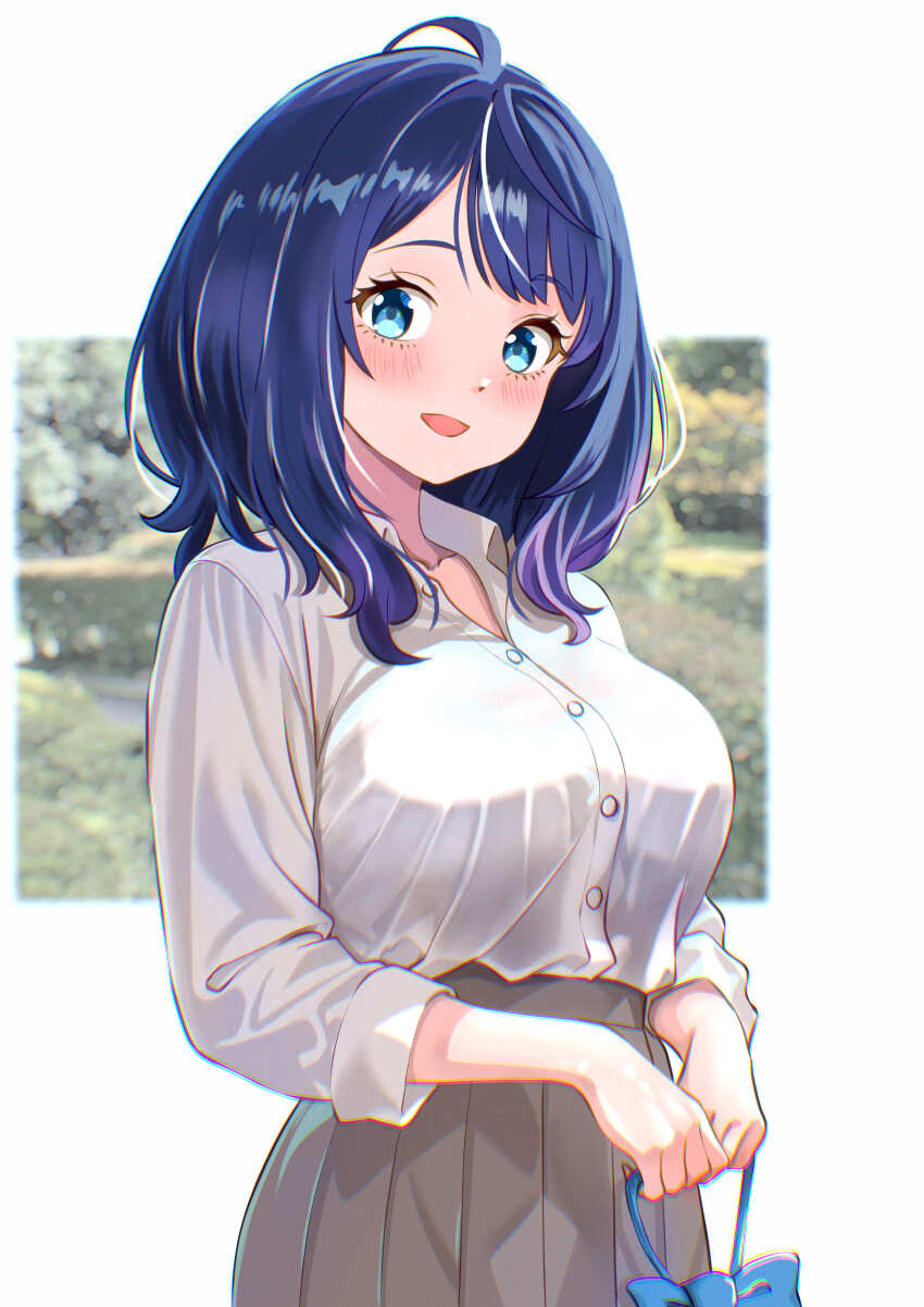 1girl absurdres ahoge blue_bow blue_bowtie blue_eyes blue_hair blush bow bowtie breasts collared_shirt cowboy_shot grey_skirt highres holding holding_unworn_clothes kousan large_breasts looking_at_viewer make_heroine_ga_oo_sugiru! medium_hair open_mouth photo_background pleated_skirt school_uniform shirt shirt_tucked_in skirt smile solo standing white_shirt yanami_anna