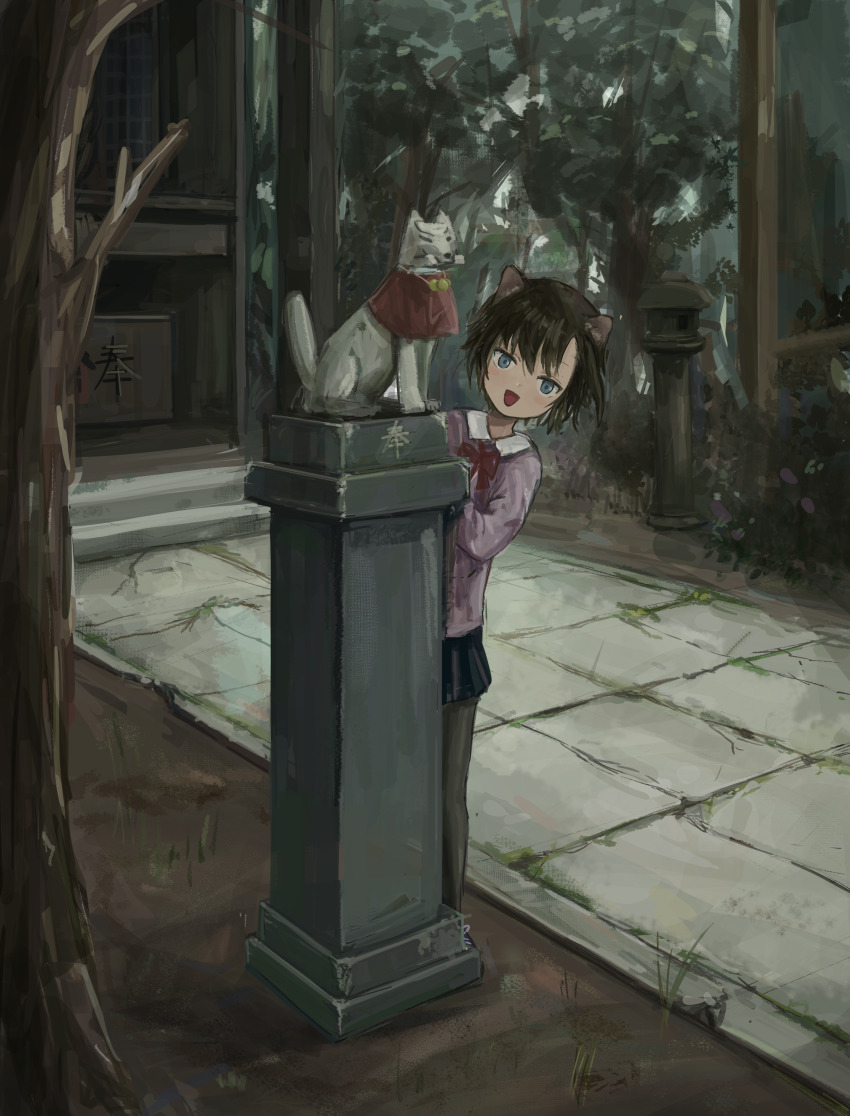 1girl absurdres animal_ears black_hair black_skirt blue_eyes bow bowtie cat_ears child forest hiding highres katamimi123 looking_at_viewer nature open_mouth original outdoors short_hair shrine skirt solo standing tagme