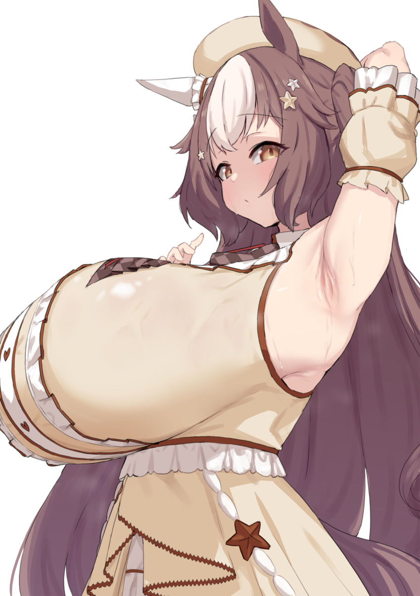 1girl absurdres alternate_breast_size_(larger) animal_ears arm_behind_head arm_up armpits breasts brown_hair brown_sleeves cleavage detached_sleeves ear_covers ear_ornament frilled_shirt frills gigantic_breasts hair_ornament hat highres horse_ears horse_girl horse_tail long_hair looking_at_viewer multicolored_hair noe_(ppppriver) official_alternate_hairstyle presenting_armpit puffy_detached_sleeves puffy_sleeves shirt simple_background single_ear_cover sleeveless solo star_(symbol) star_hair_ornament streaked_hair sweat tail umamusume white_background yamanin_zephyr_(sugary_wind)_(umamusume) yamanin_zephyr_(umamusume)