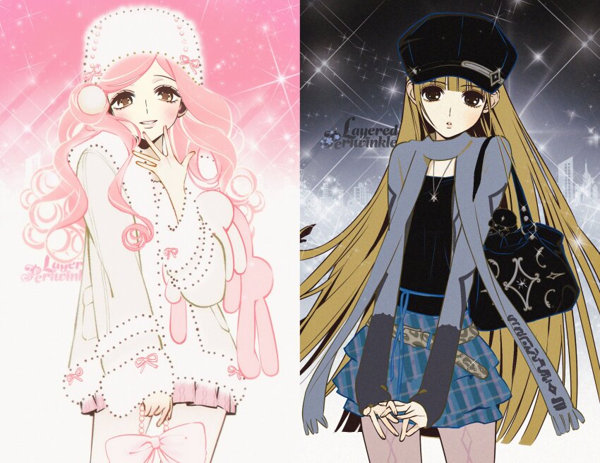 2girls animal_print bag belt black_bag black_hat black_shirt blonde_hair blue_skirt bow bow-shaped_bag brown_eyes cabbie_hat cable_knit coat fashion fur-trimmed_coat fur_trim grey_scarf handbag hat highres himekaji holding holding_bag jewelry leopard_print long_hair long_sleeves looking_at_viewer makeup multiple_girls necklace original phaysungyen pink_bag pink_hair pink_skirt plaid_clothes plaid_skirt pom_pom_(clothes) scarf shirt skirt smile sparkle white_coat white_hat yellow_eyes