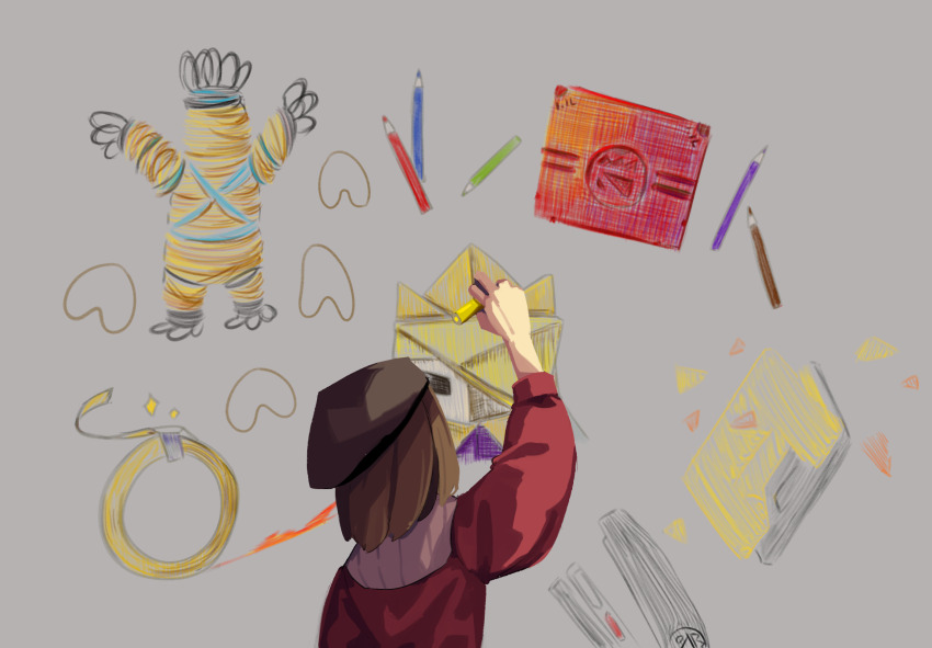 1boy beret black_hat blunt_ends brown_hair colored_pencil colored_pencils_(paper_mario) confetti drawing_(action) drawing_(object) dress_shirt from_behind grey_background hat highres holding holding_pencil hole_punch_(paper_mario) hole_puncher king_olly long_sleeves male_focus mario_(series) medium_hair mumumu57hiro nintendo object_and_personification paper_mario paper_mario:_the_origami_king pencil pencil_case personification puffy_long_sleeves puffy_sleeves red_tunic rubber_band rubber_band_(paper_mario) shirt solo stapler stapler_(paper_mario) tape tape_(paper_mario) tunic upper_body white_shirt