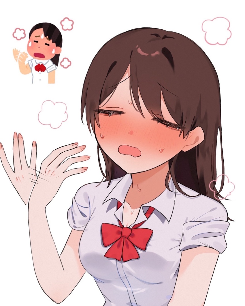 1girl blush bow bowtie brown_hair closed_eyes collared_shirt commentary fanning_self highres hot irasutoya irasutoya_challenge original red_bow red_bowtie shirt sleeves_rolled_up solo steaming_body sweat undone_collar upper_body wanu_gaki white_background white_shirt