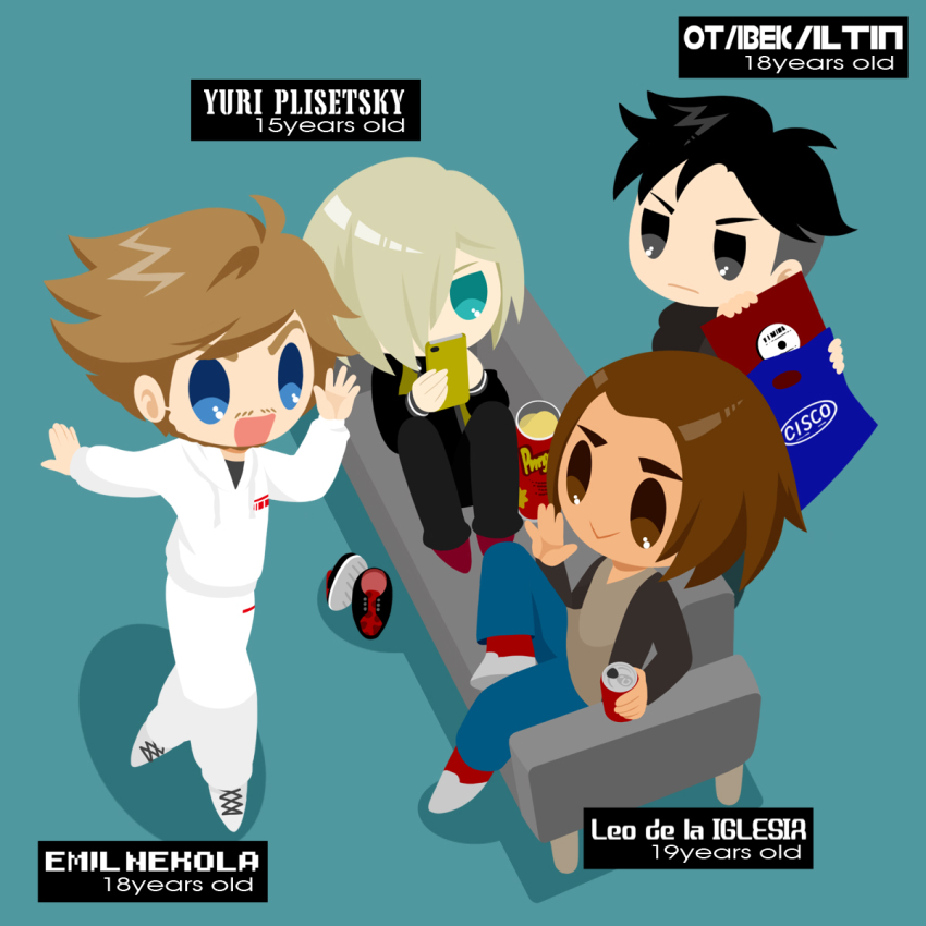4boys :&gt; :d bag beard black_hair blonde_hair blue_eyes brown_eyes brown_hair can cellphone character_name chips_(food) couch emil_nekola english_text facial_hair food green_eyes grey_eyes hair_over_one_eye highres hood hoodie kaorin_minogue leo_de_la_iglesia male_focus multiple_boys open_mouth otabek_altin phone potato_chips pringles shoes sitting smartphone smile unworn_shoes vinyl_record yuri!!!_on_ice yuri_plisetsky