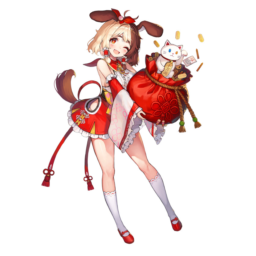 1girl animal_ears blonde_hair blush breasts brown_hair chinese_knot coin detached_sleeves dog_ears dog_girl dog_tail fang full_body gold hachiko_of_castling hair_tubes highres japanese_clothes kneehighs koban_(gold) large_breasts last_origin looking_at_viewer maneki-neko mary_janes multicolored_hair new_year official_art one_eye_closed open_mouth paintale red_eyes red_shoes shoes smile socks solo tachi-e tail transparent_background two-tone_hair white_socks