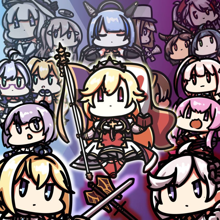 6+girls antenna_hair azur_lane bearn_(azur_lane) black_flower blonde_hair blue_eyes blue_hair book brown_hair chibi dark-skinned_female dark_skin dress flower fortune_(azur_lane) gascogne_(azur_lane) glasses green_eyes grey_hair hair_between_eyes hair_flower hair_ornament halo highres holding holding_book holding_sword holding_weapon i-19_(azur_lane) i-58_(azur_lane) illustrious_(azur_lane) jean_bart_(azur_lane) jeanne_d&#039;arc_(azur_lane) kagami_kino l&#039;opiniatre_(azur_lane) la_galissonniere_(azur_lane) le_temeraire_(azur_lane) le_terrible_(azur_lane) long_hair looking_at_viewer mace mechanical_halo medium_hair mole mole_under_eye monocle multiple_girls open_mouth pink_hair prinz_eugen_(azur_lane) purple_eyes purple_hair red_eyes richelieu_(azur_lane) sword vauquelin_(azur_lane) weapon white_dress white_hair white_headwear