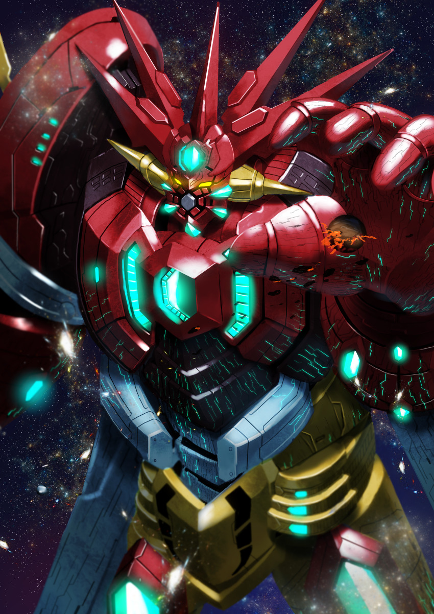 absurdres getter_emperor getter_robo glowing glowing_eyes highres looking_ahead mecha mecha_focus moyashi_(karamisouma) no_humans open_hand planet robot science_fiction space super_robot yellow_eyes