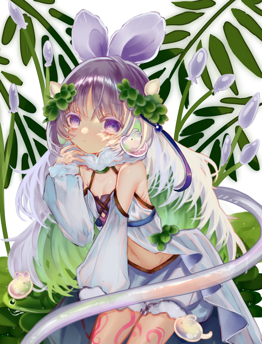 1girl absurdres breasts cleavage detached_sleeves dress duel_monster highres leg_tattoo long_hair looking_at_viewer midriff monster_girl navel plant plant_girl purple_eyes purple_hair simple_background sitting sleeves_past_wrists small_breasts solo syukou tattoo traptrix_cularia white_background white_dress yu-gi-oh!