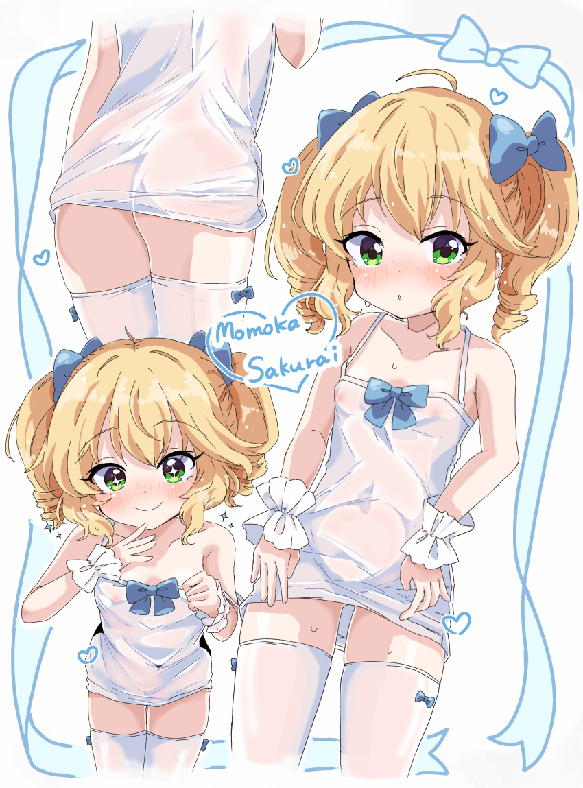 +_+ absurdres ahoge armpit_crease arms_up ass bare_shoulders blue_bow blush bow bow_background bow_legwear breast_cutout breasts bright_pupils chestnut_mouth closed_mouth clothing_cutout collarbone cowboy_shot dot_nose dress drill_hair gluteal_fold green_eyes hair_bow hands_on_own_hips heart highres idolmaster idolmaster_cinderella_girls idolmaster_cinderella_girls_u149 leaning_forward light_blush loli looking_at_viewer medium_hair navel_cutout nipples nose_blush open_mouth remiri_nicoeli sakurai_momoka see-through_clothes see-through_dress shiny_skin simple_background small_breasts smile spoken_heart sundress thigh_gap thighhighs twin_drills twintails white_background white_thighhighs wrist_cuffs
