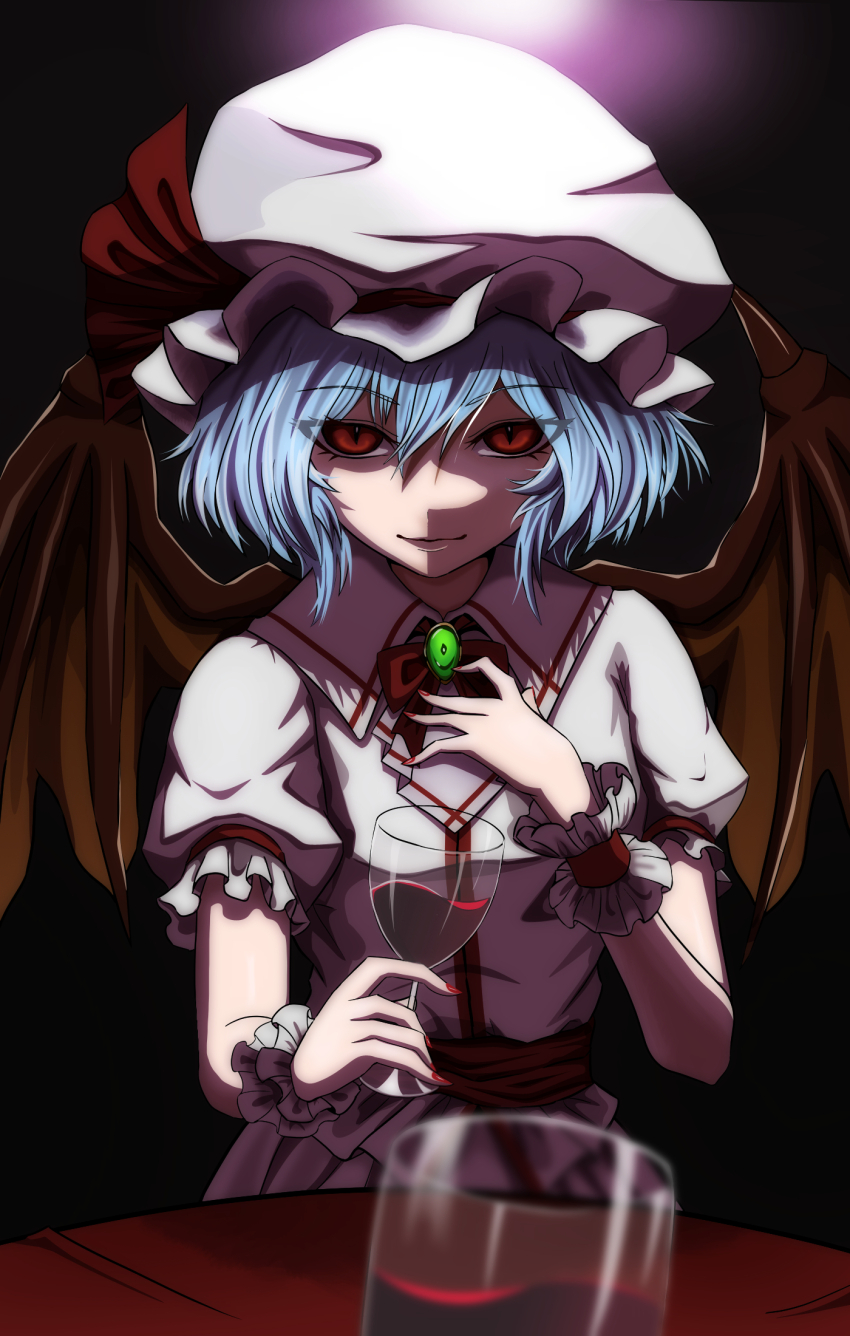 1girl bat_wings blue_hair bow bowtie brooch commentary_request cup frilled_shirt_collar frills hair_between_eyes hat hat_ribbon highres holding holding_cup jewelry looking_at_viewer merihari07 mob_cap pink_hat pink_shirt pink_skirt puffy_short_sleeves puffy_sleeves red_bow red_bowtie red_eyes red_nails red_ribbon remilia_scarlet ribbon shirt short_hair short_sleeves skirt skirt_set solo table touhou wings wrist_cuffs