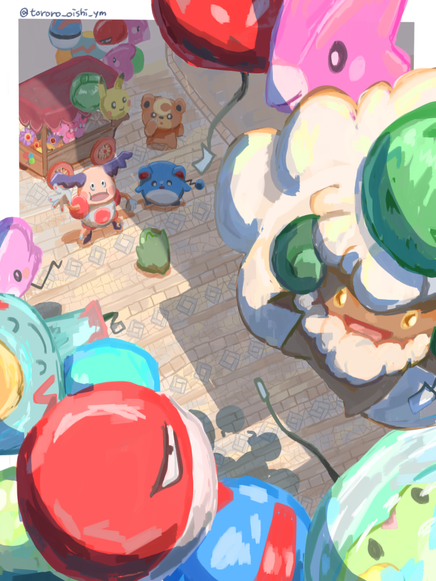 balloon black_hair blush character_balloon dark_skin facing_another floating from_above game_freak gen_1_pokemon gen_2_pokemon gen_3_pokemon gen_5_pokemon gloves great_ball green_horns hand_up heart highres holding holding_balloon horns looking_up luvdisc marill market_stall mr._mime nintendo no_humans open_mouth orange_eyes outstretched_arm pikachu pointy_footwear poke_ball pokemon pokemon_(creature) pokemon_focus puffy_short_sleeves puffy_sleeves shade sheep_horns short_sleeves smile solid_circle_eyes solid_oval_eyes solosis stuffed_animal stuffed_toy substitute_(pokemon) teddiursa too_many_balloons tororo_oishi_ym voltorb whimsicott white_gloves