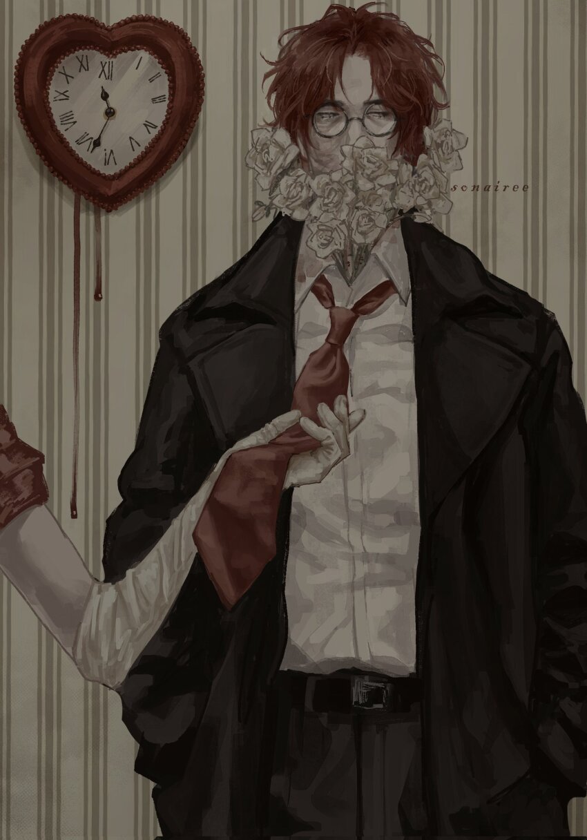 1boy 1other analog_clock averting_eyes bags_under_eyes belt black_coat blood blood_drip blooming brown_eyes burn_scar clock coat collared_shirt covered_mouth double-parted_hair elbow_gloves flower flower_in_clothes glasses gloves hands_in_pockets heart-shaped_clock highres holding_necktie messy_hair multiple_monochrome necktie original out_of_frame red_hair red_necktie scar scar_on_face shirt sonaireeart striped_background upper_body white_flower white_gloves white_shirt
