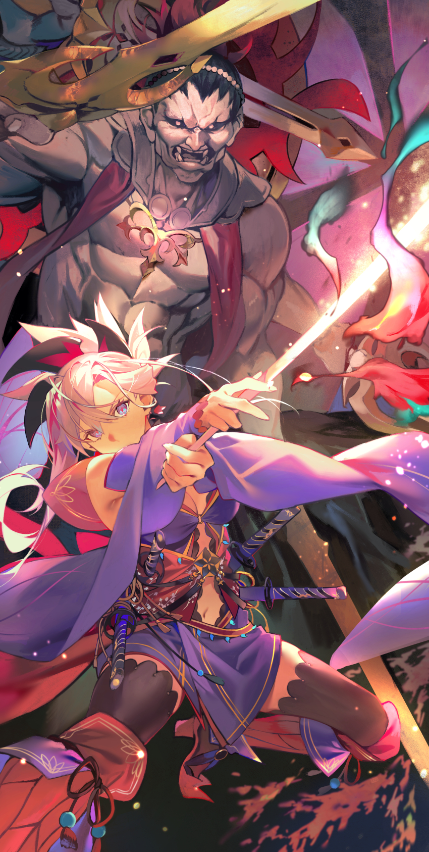 1girl absurdres asymmetrical_hair black_thighhighs blue_eyes breasts cleavage clothing_cutout detached_sleeves earrings fate/grand_order fate_(series) glowing glowing_sword glowing_weapon highres hiro_(hirohiro_gorira) holding holding_sword holding_weapon japanese_clothes jewelry katana kimono leaf maple_leaf medium_breasts miyamoto_musashi_(fate) miyamoto_musashi_(third_ascension)_(fate) navel_cutout pink_hair purple_kimono sheath sheathed short_kimono single_sidelock sleeveless sleeveless_kimono swept_bangs sword thighhighs unsheathed weapon wide_ponytail