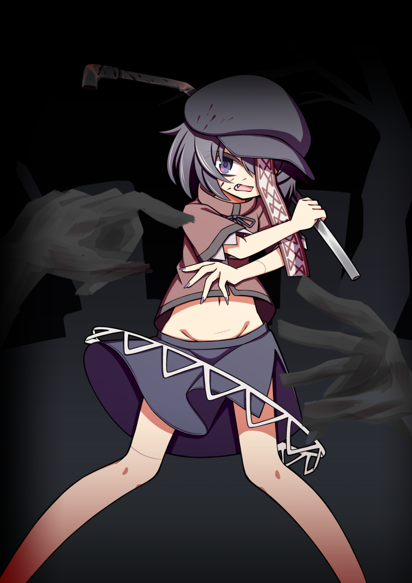 1girl black_background black_hair black_hat black_ribbon black_skirt brown_shirt commentary_request fang feet_out_of_frame groin hat hekkmushi highres holding holding_lead_pipe jiangshi lead_pipe looking_at_viewer miyako_yoshika neck_ribbon newsboy_cap ofuda ofuda_over_one_eye open_mouth pov pov_hands purple_eyes ribbon shirt short_hair short_sleeves skirt solo_focus standing touhou