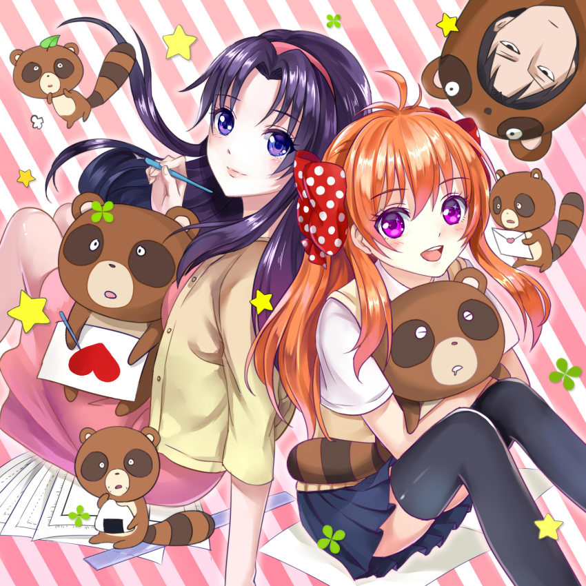 10s 1boy 2girls animal_costume black_hair black_legwear blush bow bowl food gekkan_shoujo_nozaki-kun heart highres lips long_hair looking_at_viewer miyako_yukari monogo multiple_girls nozaki_umetarou onigiri orange_hair polka_dot polka_dot_bow purple_eyes purple_hair revision rice_bowl sakura_chiyo school_uniform short_sleeves sitting skirt star_(symbol) striped_background sweater_vest tanuki tanuki_costume thighhighs