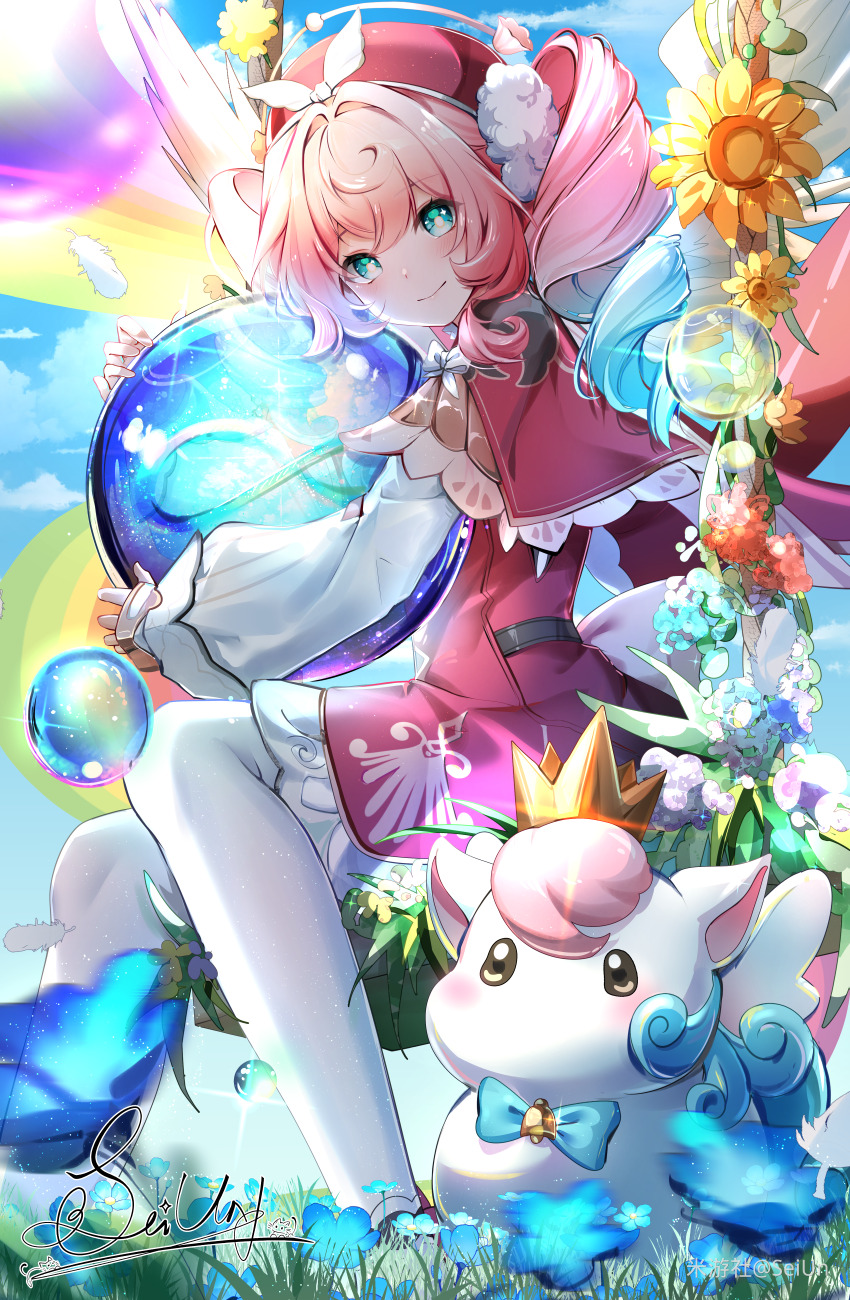 1girl absurdres aqua_eyes aqua_hair artist_name blue_sky chinese_commentary commentary_request dress drill_hair flower hat highres holding_bubble honkai:_star_rail honkai_(series) hyacine_(honkai:_star_rail) infinity_symbol jingxinzhiyun little_ica_(honkai:_star_rail) looking_at_viewer medium_hair miyoushe_watermark multicolored_hair pantyhose pegasus red_dress red_hat sky smile sunflower twin_drills two-tone_hair watermark white_pantyhose