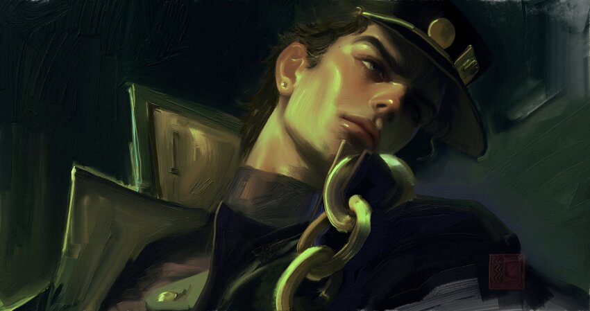 1boy absurdres black_coat black_hair black_hat chain closed_mouth coat commentary earrings gakuran hat high_collar highres jewelry jojo_no_kimyou_na_bouken kepi kuujou_joutarou lips looking_to_the_side male_focus military_hat open_clothes open_coat painterly portrait realistic school_uniform signature solo stardust_crusaders stud_earrings whitehogiii