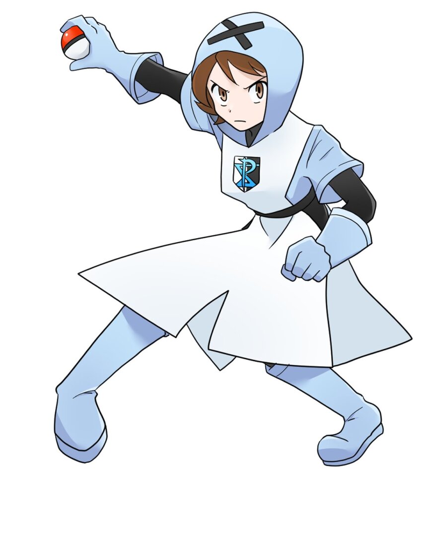 1boy blue_gloves brown_eyes brown_hair closed_mouth commentary_request cosplay full_body gloves highres hilbert_(pokemon) holding holding_poke_ball hood hood_up long_sleeves looking_at_viewer male_focus mashiro_eaka nintendo poke_ball poke_ball_(basic) pokemon pokemon_bw short_hair simple_background solo standing team_plasma_grunt team_plasma_grunt_(cosplay) team_plasma_uniform white_background