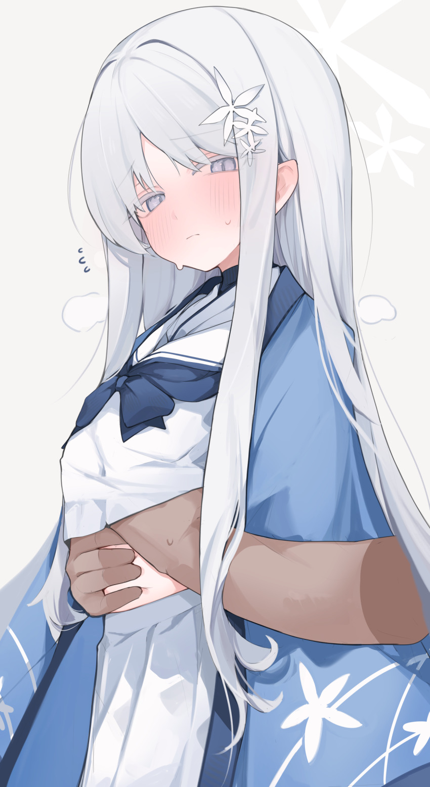 1boy 1girl absurdres blue_archive commentary grey_background grey_eyes grey_hair hair_ornament hand_under_clothes hetero highres long_hair looking_at_viewer mikozin nagusa_(blue_archive) paid_reward_available school_uniform serafuku shirt skirt snowflake_hair_ornament solo_focus white_shirt white_skirt