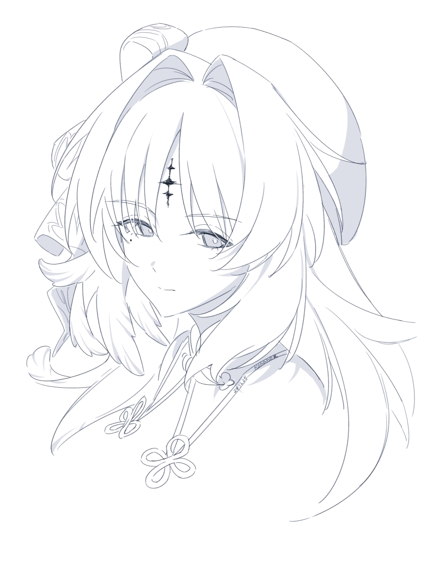 1girl beret bow chinese_commentary closed_mouth collar commentary_request cropped_shoulders feather_hair greyscale hair_intakes hat hat_bow highres kohane_kun long_hair looking_at_viewer mole mole_under_eye monochrome parted_bangs signature simple_background solo tacet_mark_(wuthering_waves) white_background wuthering_waves yangyang_(wuthering_waves)
