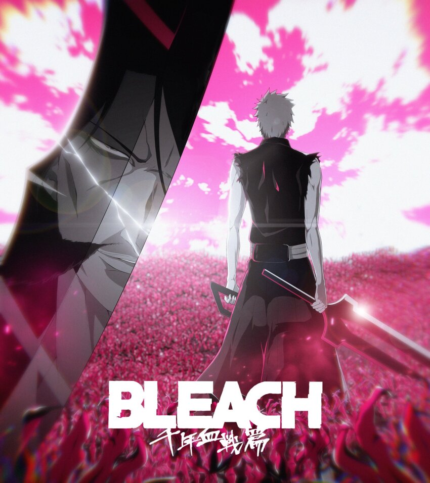 2boys 7l6cup9yzr1xu7d bare_arms black_hakama bleach bleach:_sennen_kessen-hen blurry broken broken_sword broken_weapon commentary_request copyright_name depth_of_field dual_wielding evil_smile facial_hair feet_out_of_frame field film_grain flower flower_field from_behind hakama highres holding holding_sword holding_weapon japanese_clothes kurosaki_ichigo lens_flare looking_at_viewer making-of_available male_focus multiple_boys mustache official_style parted_lips pink_sky reflection shikai short_hair sky smile solo_focus spider_lily spiked_hair standing sword torn_clothes true_zangetsu_(shikai) tsurime weapon yhwach