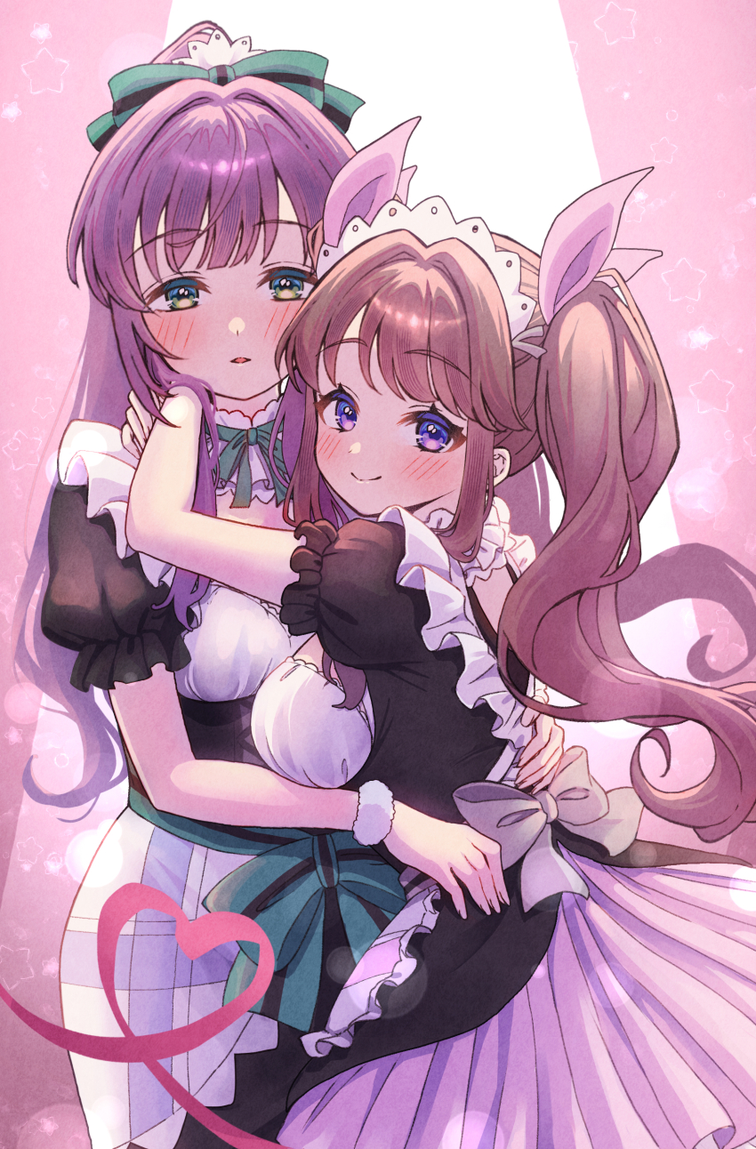 2girls absurdres apron ayase_eli ayase_eli_(cosplay) black_dress bow breasts brown_hair commentary cosplay cowboy_shot dress frilled_apron frills fujishima_megumi green_bow green_eyes hair_bow high_ponytail highres hiyori_(20hiyori727) large_breasts link!_like!_love_live! long_hair love_live! love_live!_school_idol_project maid maid_apron maid_headdress mogyutto_&quot;love&quot;_de_sekkin_chuu! multiple_girls otomune_kozue parted_lips ponytail puffy_short_sleeves puffy_sleeves purple_eyes purple_hair short_sleeves sidelocks twintails virtual_youtuber white_apron yazawa_nico yazawa_nico_(cosplay) yuri
