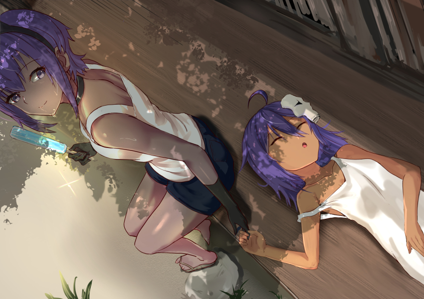 2girls ahoge assassin_(fate/zero) bare_arms bare_legs bare_shoulders child_assassin_(fate/zero) dark-skinned_female dark_skin fate/grand_order fate_(series) food hairband hassan_of_serenity_(fate) highres holding holding_food holding_hands jikihatiman looking_at_another lying mask mask_on_head multiple_girls open_mouth popsicle purple_eyes purple_hair shadow shirt short_hair shorts sitting skirt sleeping smile