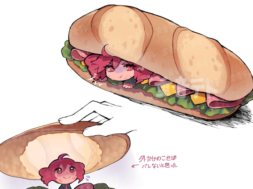 1girl 1other ahoge angry black_shirt blush bread caught character_name cheese chibi closed_mouth commentary drill_hair flying_sweatdrops food food_on_face hair_between_eyes highres kasane_teto kasane_teto_(utau) lettuce long_sleeves marutsubo meat mini_person minigirl red_eyes red_hair sandwich shirt simple_background sleeves_past_wrists sliced_meat smile submarine_sandwich translated twin_drills utau white_background