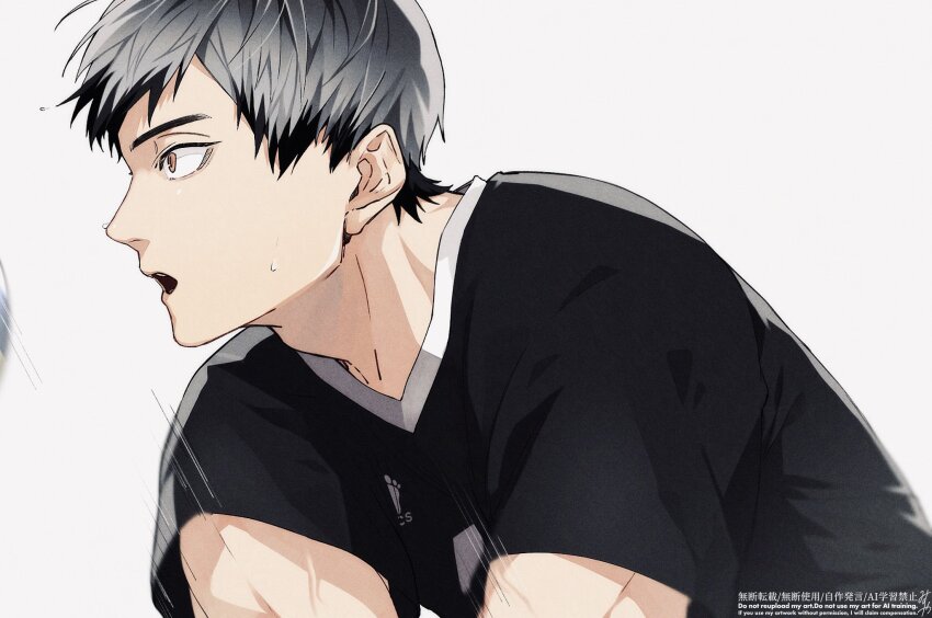 1boy adam&#039;s_apple black_hair black_shirt colored_tips commentary_request grey_hair haikyuu!! highres kita_shinsuke male_focus multicolored_hair omg_genjitsu open_mouth profile shirt simple_background solo sportswear sweat teeth two-tone_hair upper_body upper_teeth_only v-neck veins volleyball_uniform white_background yellow_eyes