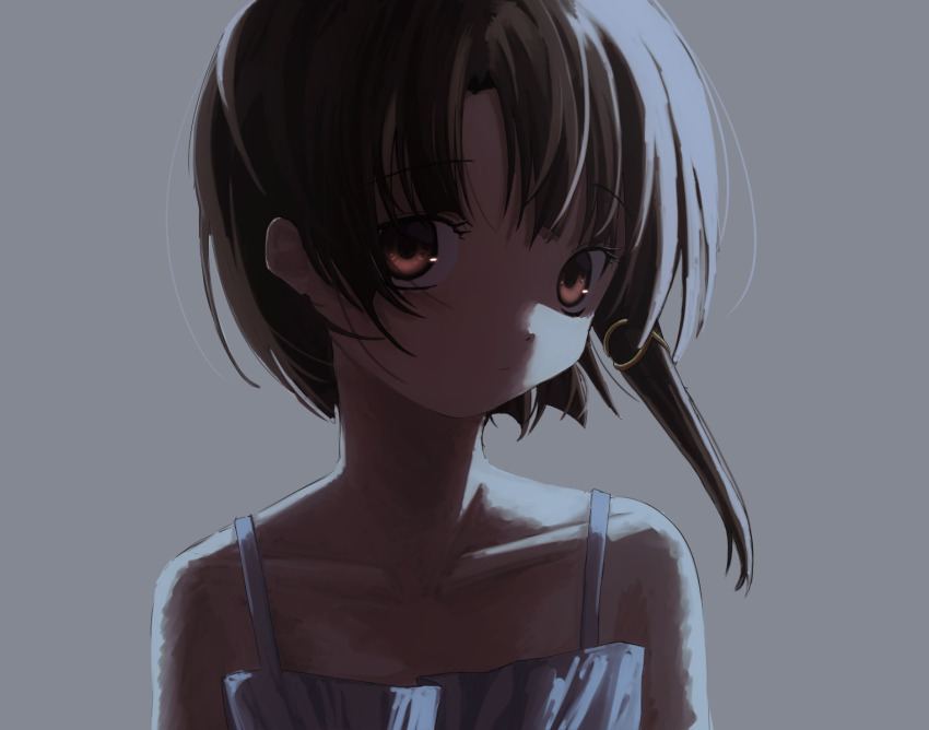 1girl :/ bare_shoulders brown_hair closed_mouth collarbone dot_mouth dress grey_background grey_dress hair_ornament hairclip highres iwakura_lain looking_at_viewer parted_bangs red_eyes serial_experiments_lain shaded_face short_hair simple_background single_sidelock sleeveless sleeveless_dress solo user_cmhj4424