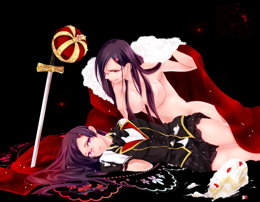 2girls black_hair breasts cape crown dual_persona final_fantasy final_fantasy_type-0 glasses gloves highres kujyo long_hair multiple_girls nude purple_eyes queen queen_(fft-0) red_eyes sword weapon yuri