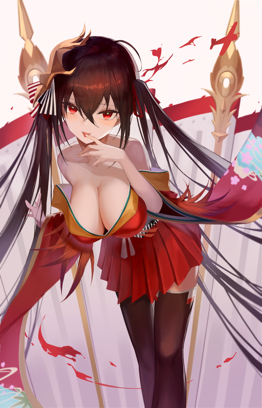 1girl absurdres ahoge azur_lane bare_shoulders black_hair black_thighhighs breasts cleavage crossed_bangs finger_to_mouth hair_between_eyes hair_ornament hands_up highres japanese_clothes kimono large_breasts long_hair long_sleeves looking_at_viewer mask mask_on_head red_eyes red_kimono red_skirt shigma simple_background skirt solo taihou_(azur_lane) thighhighs tongue tongue_out twintails white_background