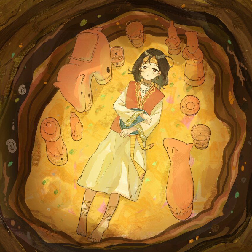 1girl analogous_colors anklet barefoot bright_pupils brown_hair clay dress earrings expressionless fold-over_collar from_above full_body grave half-closed_eyes hand_on_own_arm haniwa_(statue) headband highres holding hoop_earrings jewelry jitome long_sleeves looking_ahead lying medium_hair necklace on_back on_ground onoyama_(machikz1) orange_vest original parted_lips pottery red_eyes shinju-kyo snail_shell underground vest white_dress white_pupils wide_sleeves