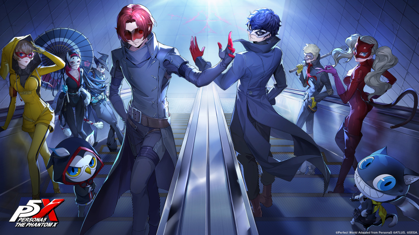 3girls 4girls amamiya_ren animal arai_motoha artist_request belt belt_buckle bird black_hair black_hat black_pants blonde_hair brown_belt buckle cat copyright_name crossed_arms domino_mask escalator gloves grin hat highres holding holding_sword holding_umbrella holding_weapon hood hood_up joker_(persona_5) kamishiro_nagisa kanou_shun lips looking_at_viewer lufel_(p5x) mask masked morgana_(persona_5) multiple_girls official_art oil-paper_umbrella owl panther_(persona_5) pants persona persona_5 persona_5:_the_phantom_x pink_gloves pink_lips red_gloves red_mask sakamoto_ryuuji short_hair skull_(persona_5) smile sword takamaki_anne tanemura_riko teeth third-party_source umbrella weapon white_mask wonder_(p5x)