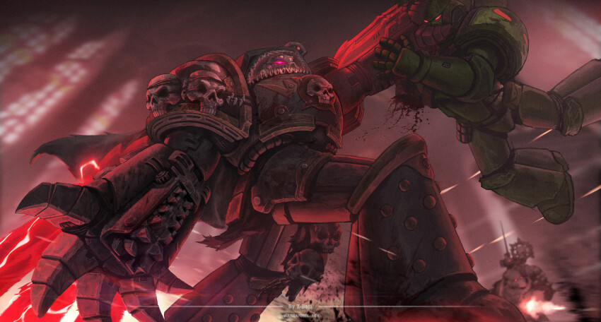 absurdres adeptus_astartes armor armored_boots artist_name battle boots breastplate carcharodons chain couter crotch_plate cuirass damaged firing gauntlets glowing glowing_eyes greaves green_armor grey_armor helmet highres indoors leg_armor lifting_person lightning_claw male_focus mantis_warriors_(warhammer) missing_limb motion_blur pauldrons poleyn power_armor purple_eyes red_eyes rerebrace shoulder_armor skull stained_glass studded_armor tyberos_the_red_wake warhammer_40k wide_shot zhang_bozi