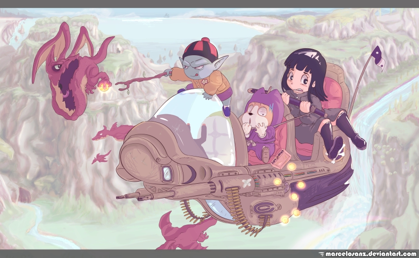 1girl absurdres age_regression aged_down ammunition ammunition_belt bandaid black_eyes black_footwear blue_skin boots box colored_skin dog dragon dragon_ball dragon_ball_(object) dragonball_z flag hat highres japanese_clothes letterboxed mai_(dragon_ball) marcelo_sanz mountain ocean outdoors pilaf pointy_ears river sheath shuu_(dragon_ball) stick sword tongue tongue_out vehicle_focus watermark weapon web_address