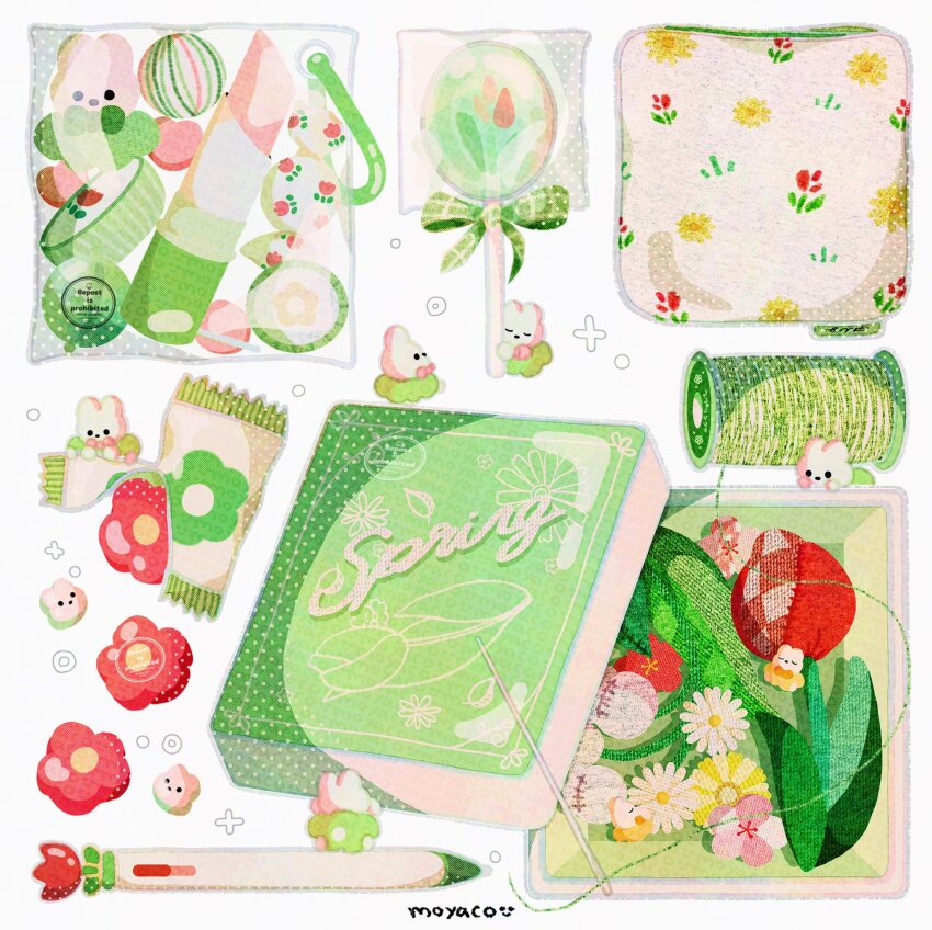 bag candy candy_wrapper commentary cosmetics english_commentary english_text flower food food_wrapper green_theme highres knolling lipstick_tube lollipop moyaco needle no_humans notebook original pen signature simple_background snack solid_circle_eyes solid_eyes thread white_background
