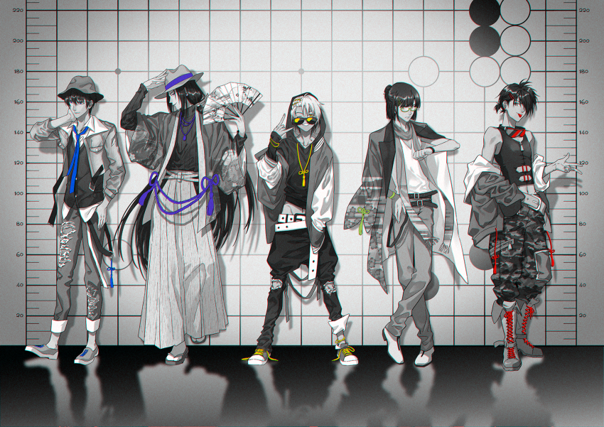 5boys \n/ asymmetrical_bangs bare_shoulders belt bespectacled blue_necktie blunt_bangs blunt_ends board_game boots camouflage camouflage_pants chain character_name closed_mouth coat coat_on_shoulders collarbone collared_shirt cropped_jacket crossed_legs cutoffs earrings egasumi folding_fan frown fujiwara_no_sai glasses go_(board_game) goggles goggles_around_neck green-framed_eyewear grin groin hair_ornament hair_over_one_eye hairclip hakama half_updo hand_fan hand_in_pocket hand_on_headwear hand_on_own_hip hand_up hands_up haori hat height_chart highres hikaru_no_go holding holding_fan hood hood_up hoodie hun_(endlesslovehikaru) isumi_shin&#039;ichirou jacket japanese_clothes jewelry knee_boots lace-up_boots lineup long_hair long_sleeves looking_at_viewer looking_away low_ponytail lowleg lowleg_pants male_focus midriff midriff_peek monochrome multicolored_hair multiple_boys navel necktie off_shoulder one_eye_closed one_eye_covered open_clothes open_jacket paint_on_clothes paint_splatter pants pants_tucked_in ponytail profile puffy_pants red_tongue reflective_floor sandals scarf shindou_hikaru shirt shoes short_hair sideways_glance sleeveless sleeves_past_fingers sleeves_past_wrists smile sneakers spot_color standing sunglasses suspenders_hanging tassel thumb_in_pocket tight_clothes tight_shirt torn_clothes torn_pants touya_akira turtleneck two-tone_hair untucked_shirt v-neck very_long_hair w waya_yoshitaka wristband yellow_eyes zipper_pull_tab zouri