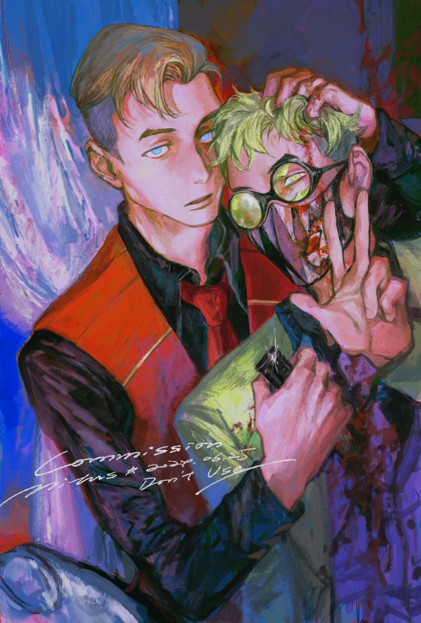 2boys apex_legends black_shirt blonde_hair blood blood_on_clothes blue_eyes blue_pants broken_eyewear collared_shirt commission dated glasses glint green-tinted_eyewear green_hair green_jacket head_grab highres holding holding_knife jacket kaleb_cross knife long_sleeves male_focus mask mitus mouth_mask multiple_boys necktie octane_(apex_legends) open_mouth pants parted_lips purple_necktie purple_vest red_necktie shirt smile stab time_paradox tinted_eyewear torn_mask undercut v vest