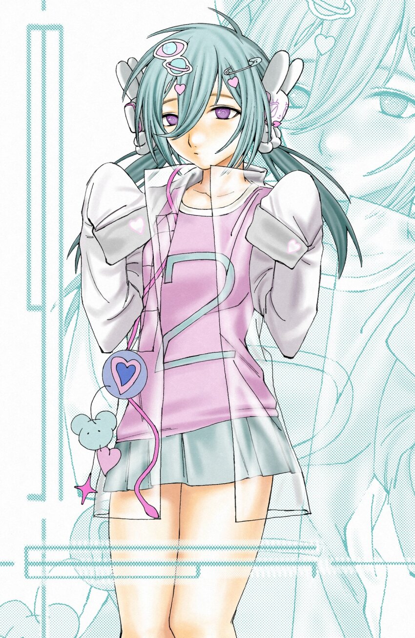 1girl aqua_hair check_copyright commission copyright_request expressionless flat_chest highres jacket kennomou long_hair miniskirt original purple_eyes see-through_clothes see-through_jacket skirt sleeves_past_fingers sleeves_past_wrists twintails zoom_layer